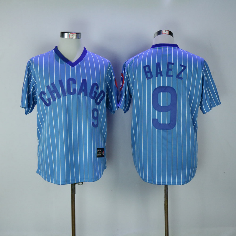 2017 MLB Chicago Cubs #9 Baez Blue White stripe Throwback Jerseys